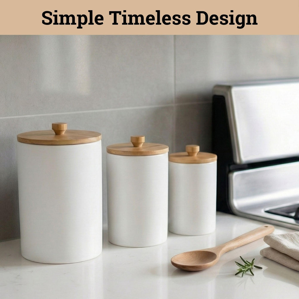 Ceramic Kitchen Canisters for Countertop Set of 3 w/ Airtight Bamboo Lids