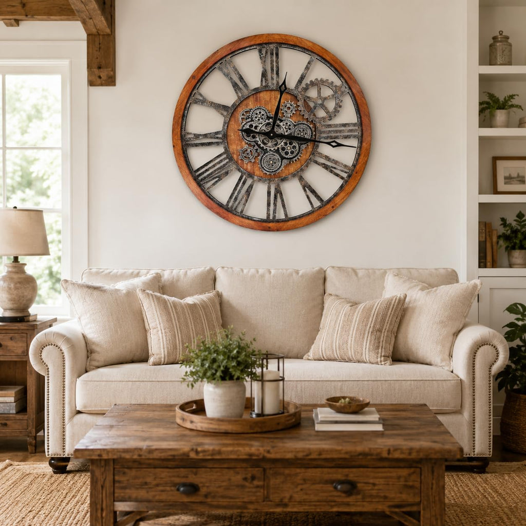 The B-Style 36" Large Moving Gear Wall Clock Oversized Vintage Farmhouse Wall Clocks Decor Rustic Industrial Wood