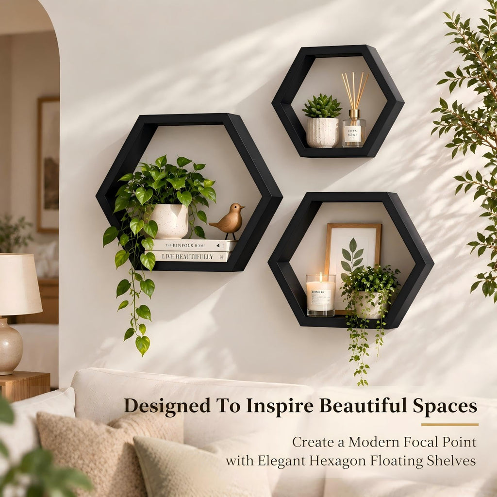 Wall Mounted Hexagon Floating Shelves, Wooden Wall Organizer Hanging Shelf Decor, Set of 3, Black