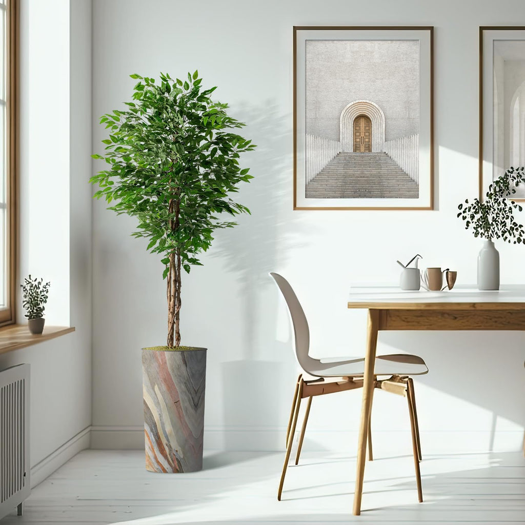 Artificial Tree in Contemporary Planter, Fake Ficus Silk Tree for Indoor and Outdoor Home Decoration - 75" Overall