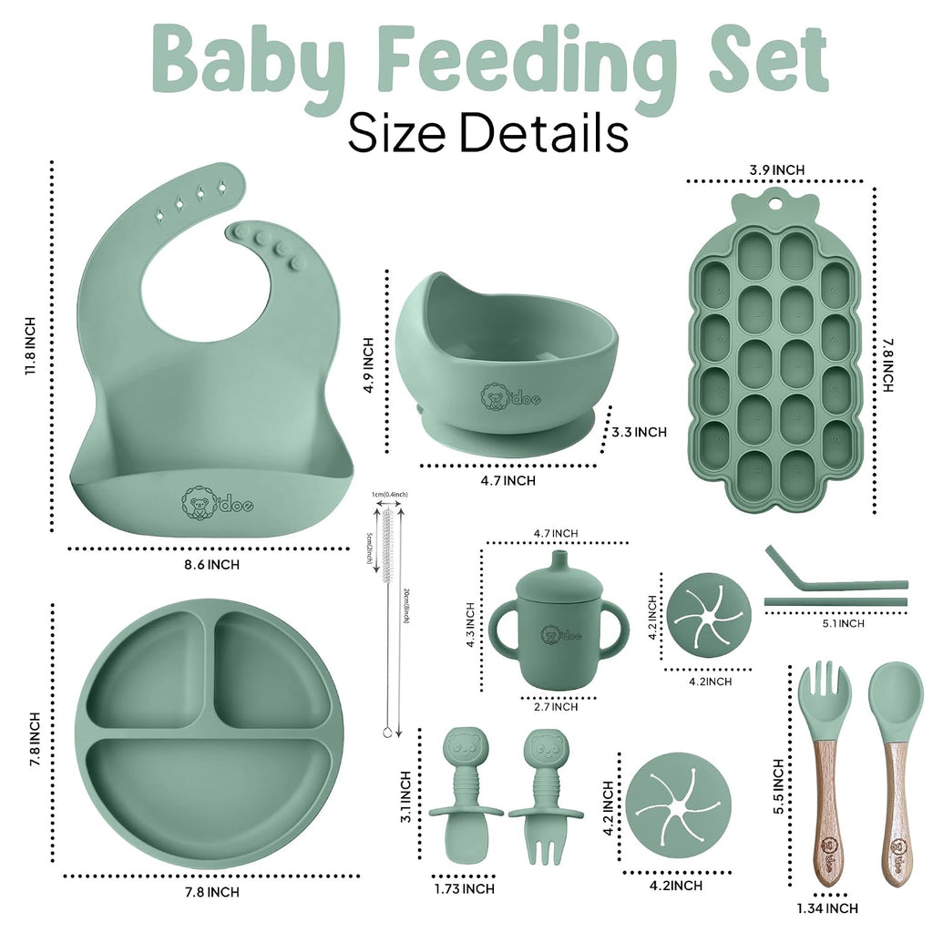 Baby Weaning Set - 15 Pcs Silicone Baby Feeding Set with Suction Plate, Bowl, Bib, Sippy Cup, Fruit Feeder & Freezer
