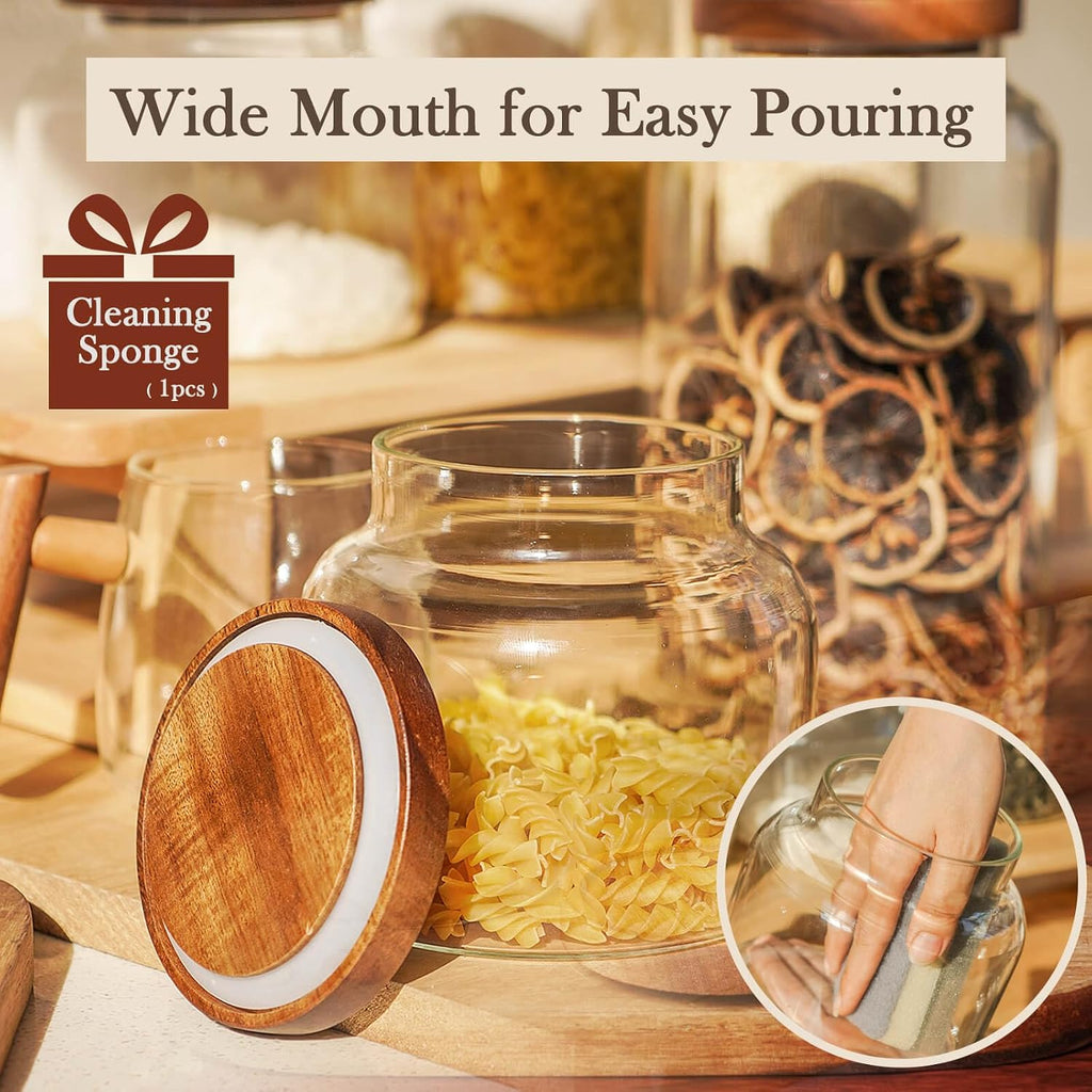Glass Storage Container Airtight Food Jars Kitchen Canister with Wood Lids, 47 Oz Wide Mouth Pantry Organization