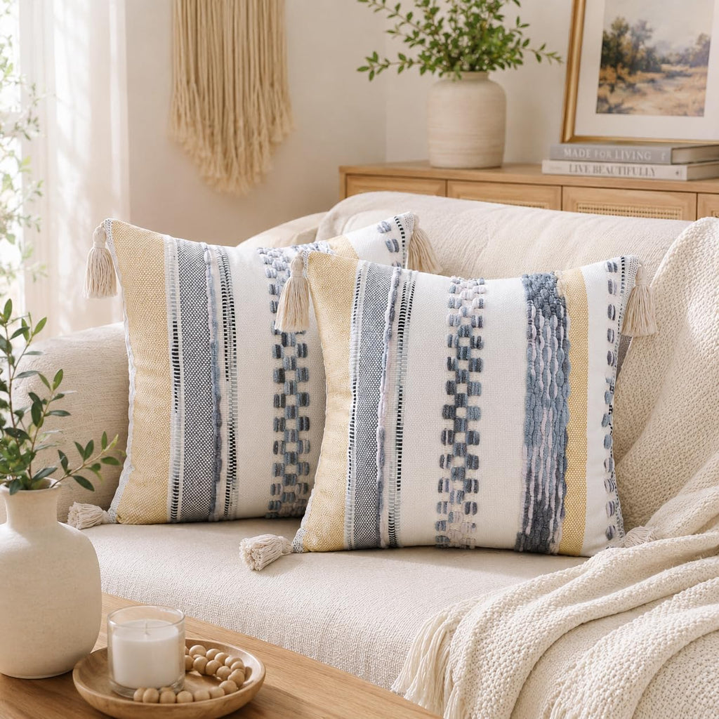 Boho Decorative Throw Pillow Covers 18x18 Set of 2, Striped Chenille Tufted Pillow Covers with Tassels for Couch Bed