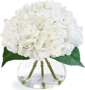 Hydrangea Artificial Flowers in Glass Vase, White Silk Fake Flowers Silk Centerpiece Table Decorations, Coffee Table