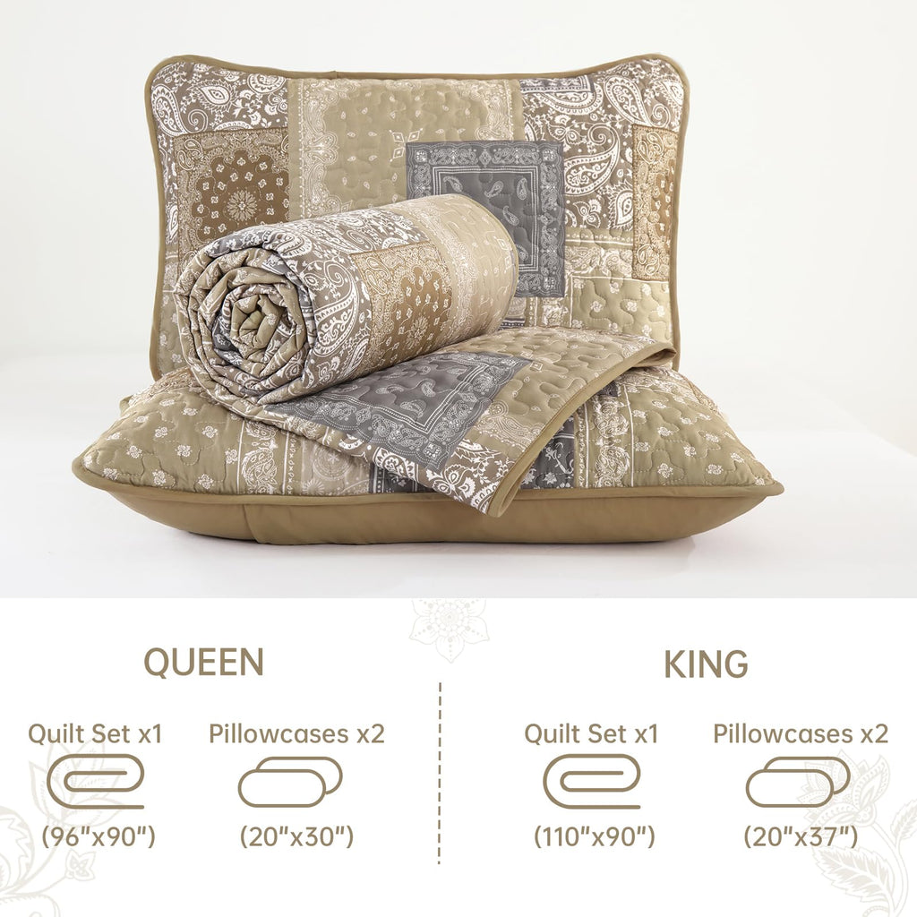 Boho Quilt Set, Beige Plaid Floral Bedspread Coverlet Set