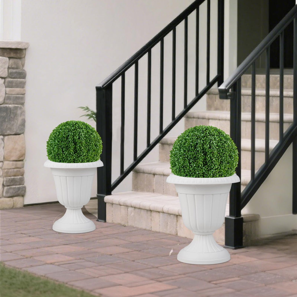 18" Tall Vintage Planters Set of 4, Urn Plastic Flower Pots with/Pedestal Base & Pre-Marked Drain Hole, Indoor