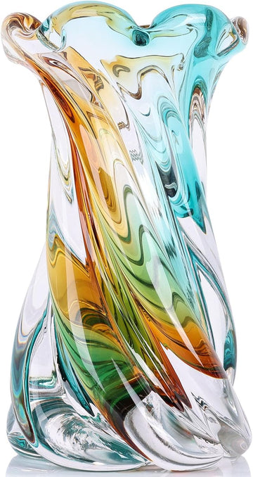 Hand Blown Art Glass Sculpture Vase,Heavy Large Opening Swirl/Tear Drop Shape,Murano Style Glass Flower Vase