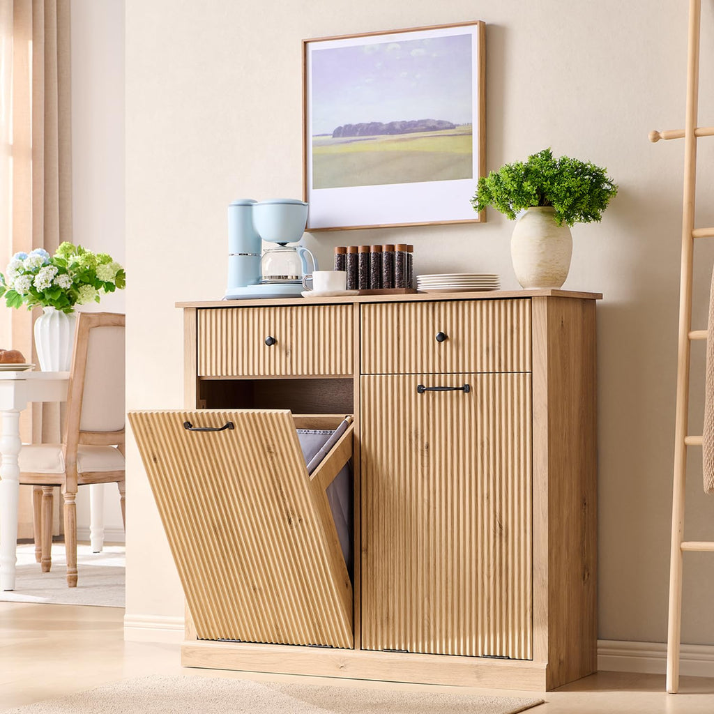 Double Tilt Out Laundry Hamper Cabinet, Modern Trash Cabinet, Natural