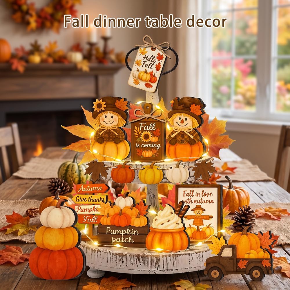 Self-Standing Fall Tiered Tray Decoration Set - Set of 18