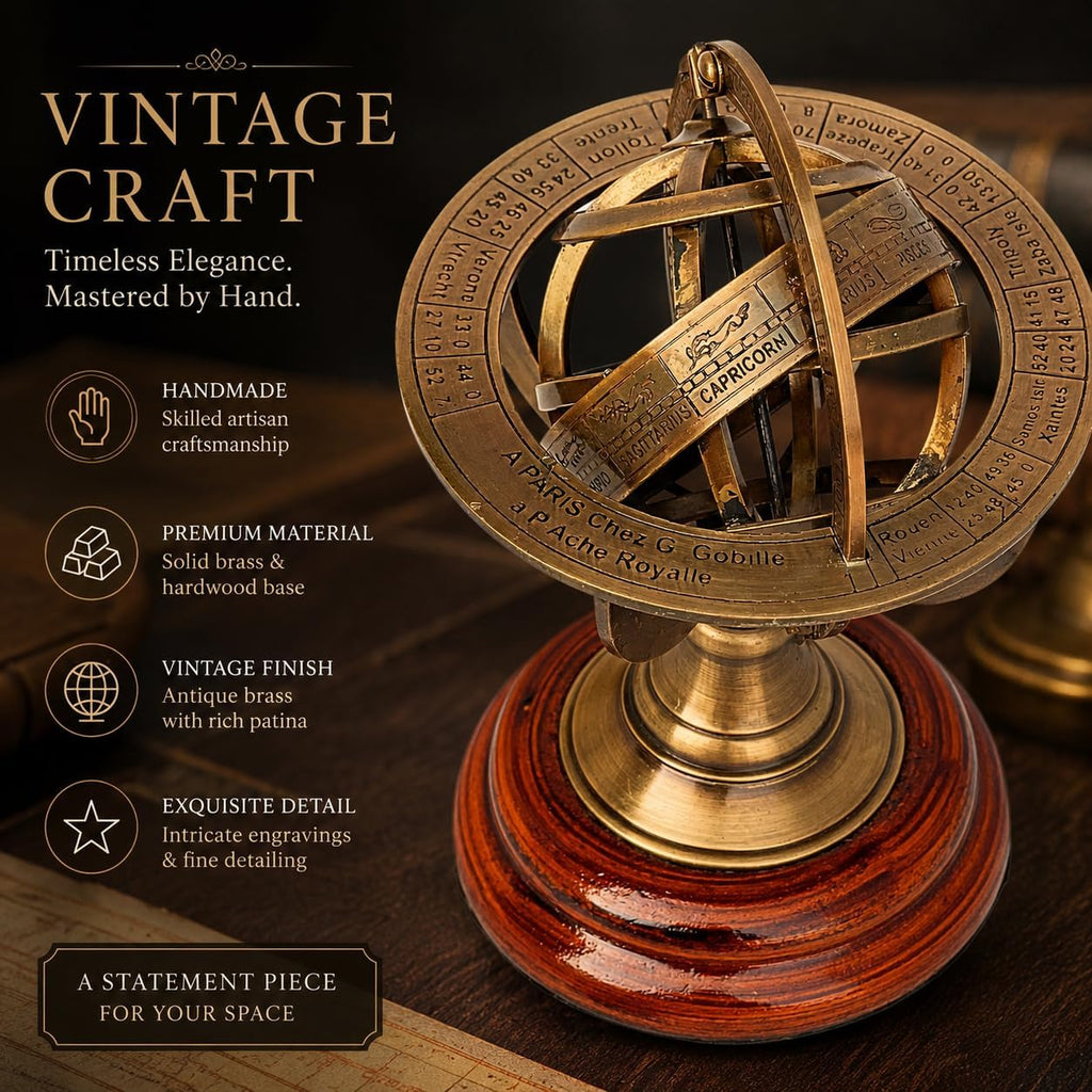 Handmade Brass Armillary Sphere Globe Clock Spherical Astrolabe Vintage Compass Handmade Nautical Decor Desk & Home