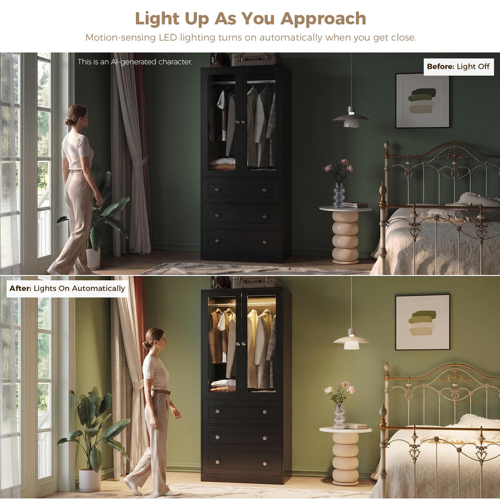 71" H Armoire Wardrobe Closet with Motion Sensor LED Light (Black)
