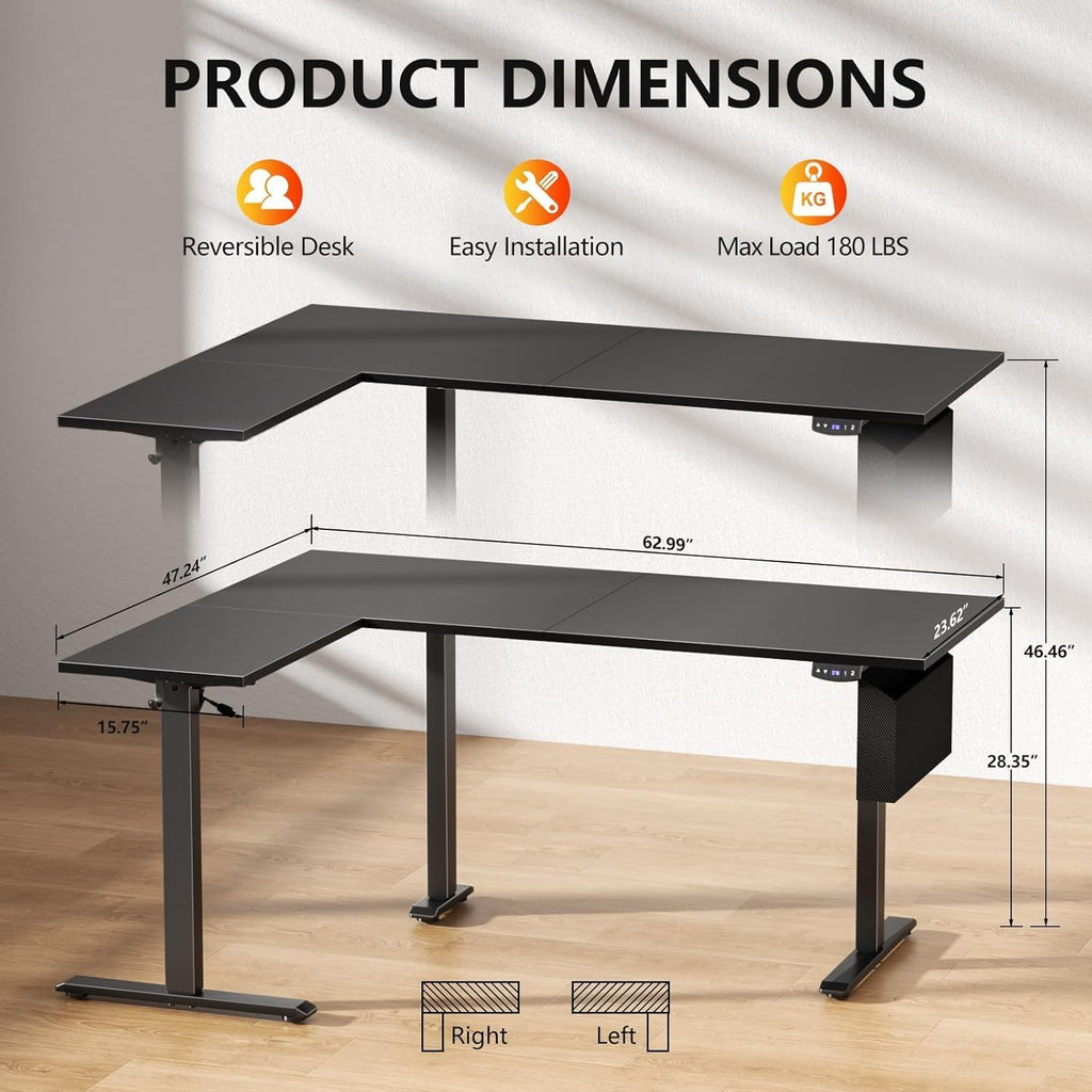 63" L Shaped Standing Desk Height Adjustable Memory Presets Black | Reversible Corner Desk, Ergonomic Sit to Stand