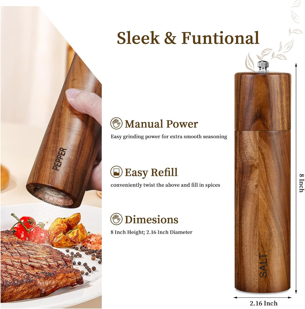 Acacia Wooden Salt and Pepper Grinder Set 8 Inches Refillable - Set of 2