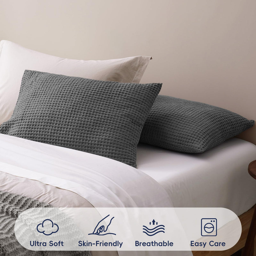 Ultra Soft Waffle Pillow Shams Queen Size 20"x30", Grey, No Insert