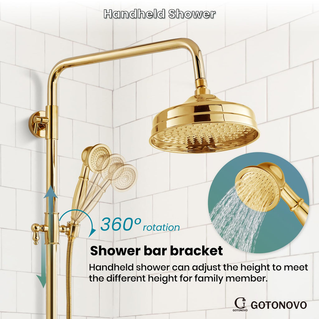 Exposed Shower System Wall Mount,Polish Gold,Metal Handheld