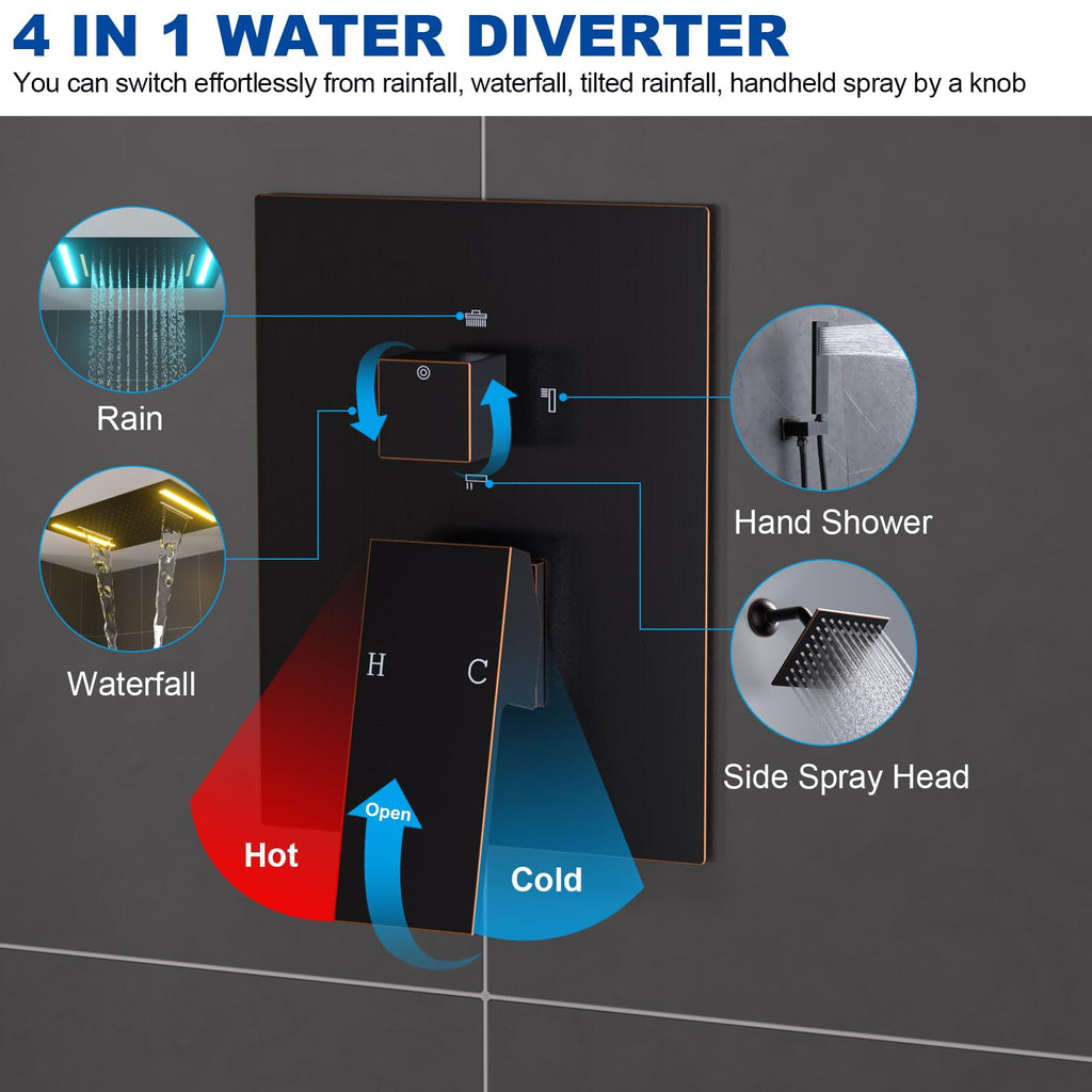 Oil Rubbed Bronze Dual Rain Shower Head System, 2 In 1 Functions Ceiling Mount 14x20inch LED Shower Head with 6 Inch