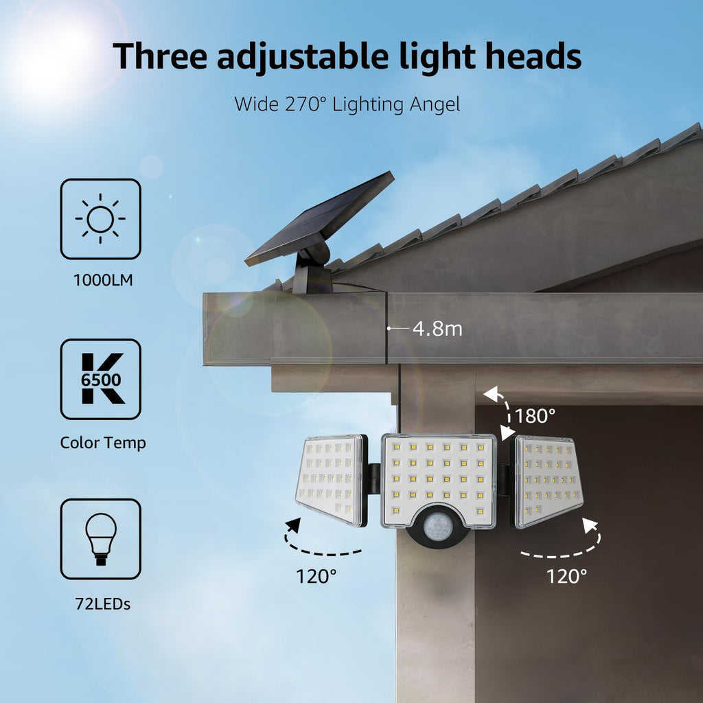 Solar Lights for Outside, Motion Activated Security Lights, Separate Solar Panel, 3 Adjustable Head 270° Wide