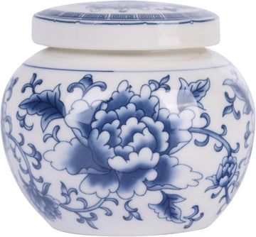 Elegant Mini Blue and White Porcelain Ceramic Ginger Jar With Twist Lid - Modern Twist on Traditional Design (Peony