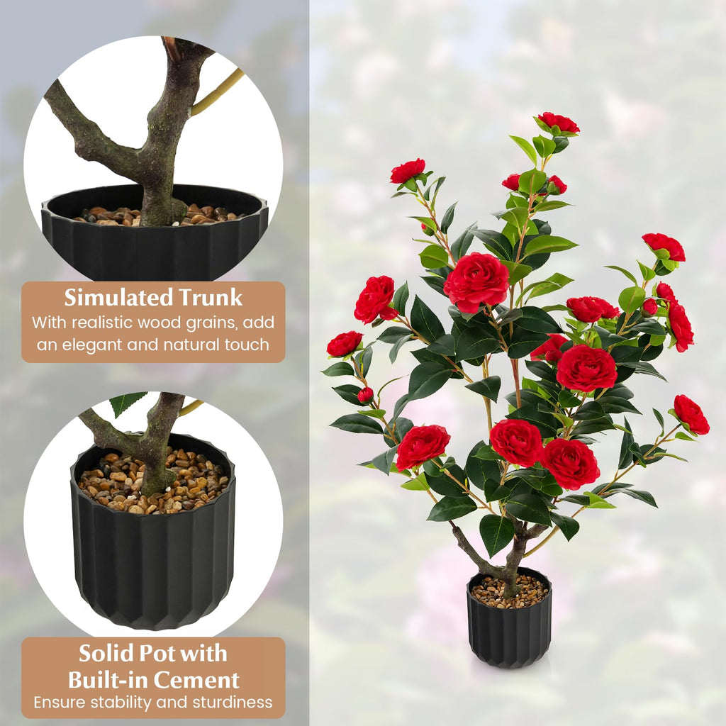 Artificial Camellia Tree Set of 2, 38" Tall Potted Plants Artificial Decoration w/Cement Pot, 24 Flowers, Decorative