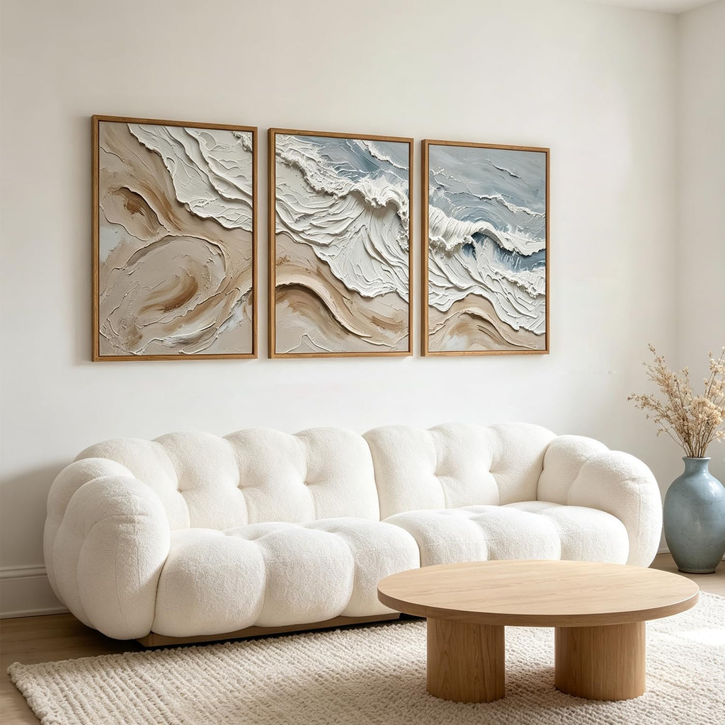 3D Textured Abstract Sea Wave Wall Art, Neutral Beige Coastal Decor