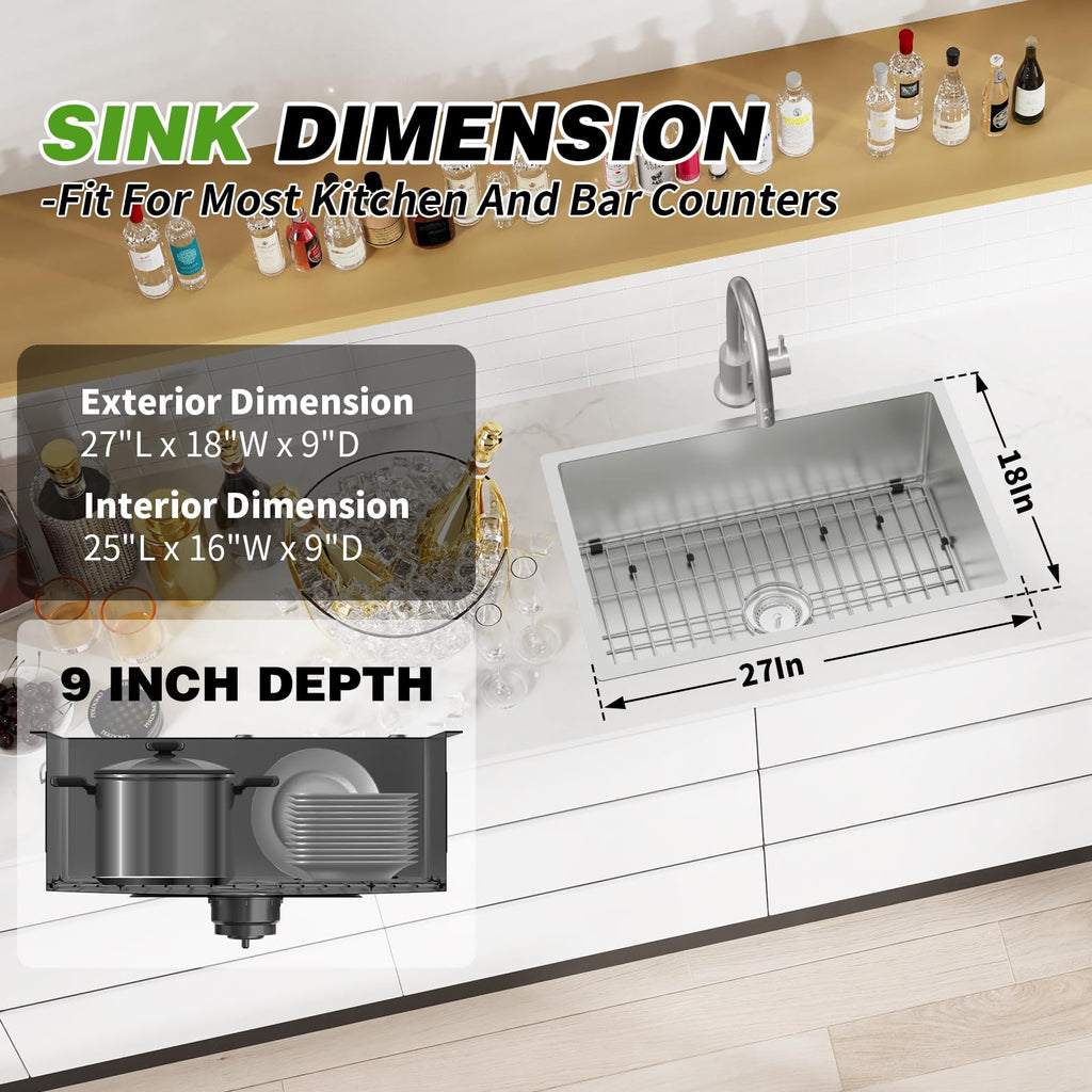 27x18 Inch Undermount Kitchen Sink, Stainless Steel, Single Bowl
