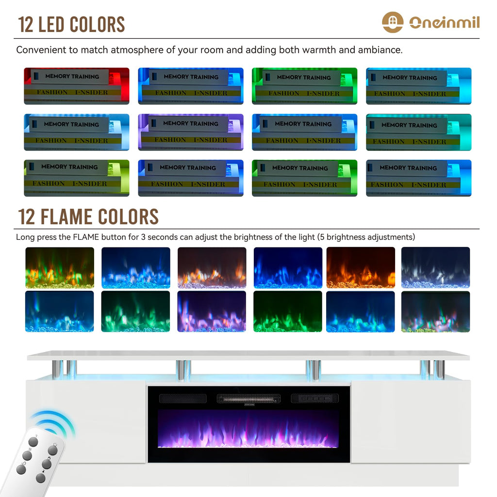 Fireplace TV Stand with 36" Electric Fireplace, 80" 2 Tier TV Console Stand for TVs Up to 90"", LED Light