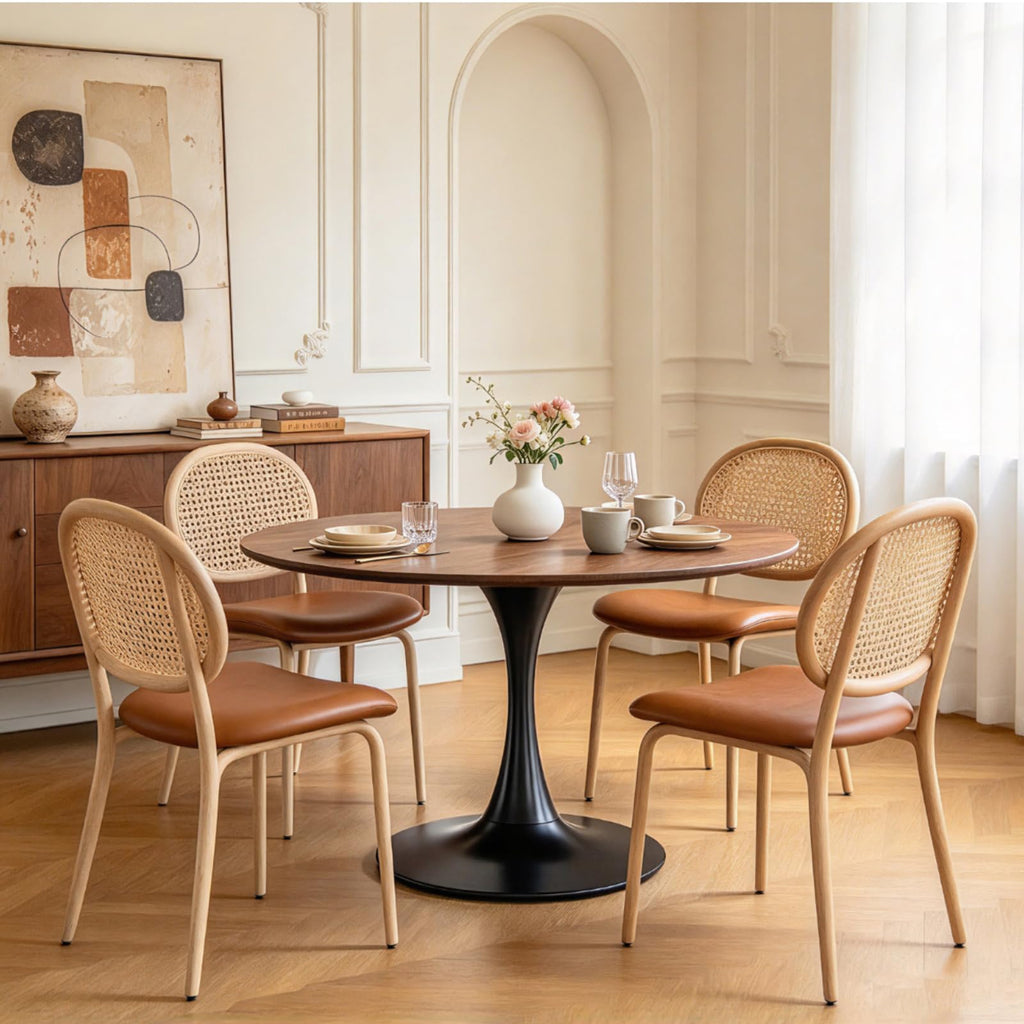 42 Inch Walnut Round Dining Table for 4, Tulip Dining Table with Thickened Tabletop & Sturdy Metal Pedestal, Mid