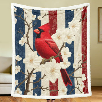 Cardinal Bird Sherpa Blanket with American Flag Stripe and White Blossom Design, Memorial Sympathy Gift Throw for