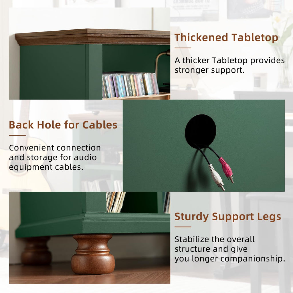 24" Wide Record Player Stand with Charging Station, Green