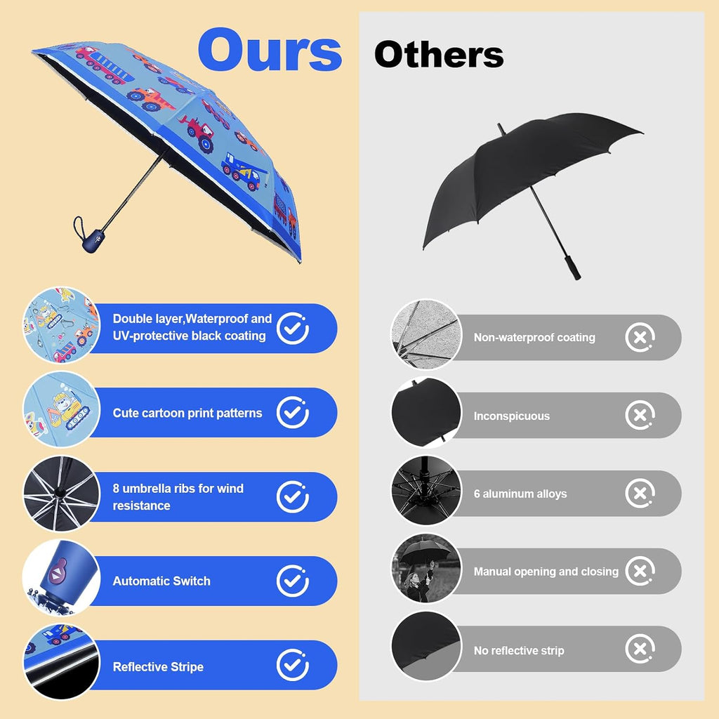 Kids Automatic Umbrella with Cartoon Print & Reflective Strip,easy One-Button Open Close, UPF 50+ Sun & Wind