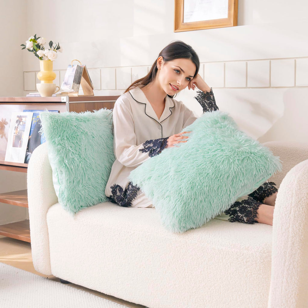 Faux Fur Mint Green Throw Pillow Covers, Fluffy Soft Fuzzy Decorative Pillow Cases Cute Pillowcases Bedroom Living