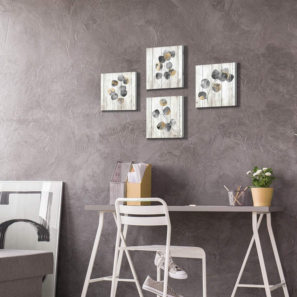Leaf Artwork Botanical Canvas Print: Gray Leaves Painting Wall Art ( x 4 PCS,Multi-Sized)