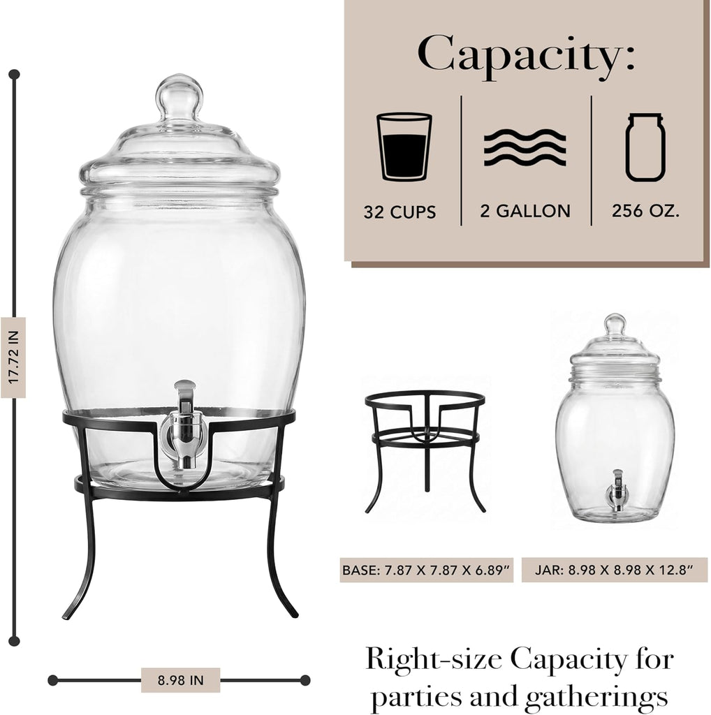 Beverage Dispenser Cold Drink Dispenser w/ 2-Gallon Capacity Glass Jug, Metal Stand & Leak-Proof Acrylic Spigot