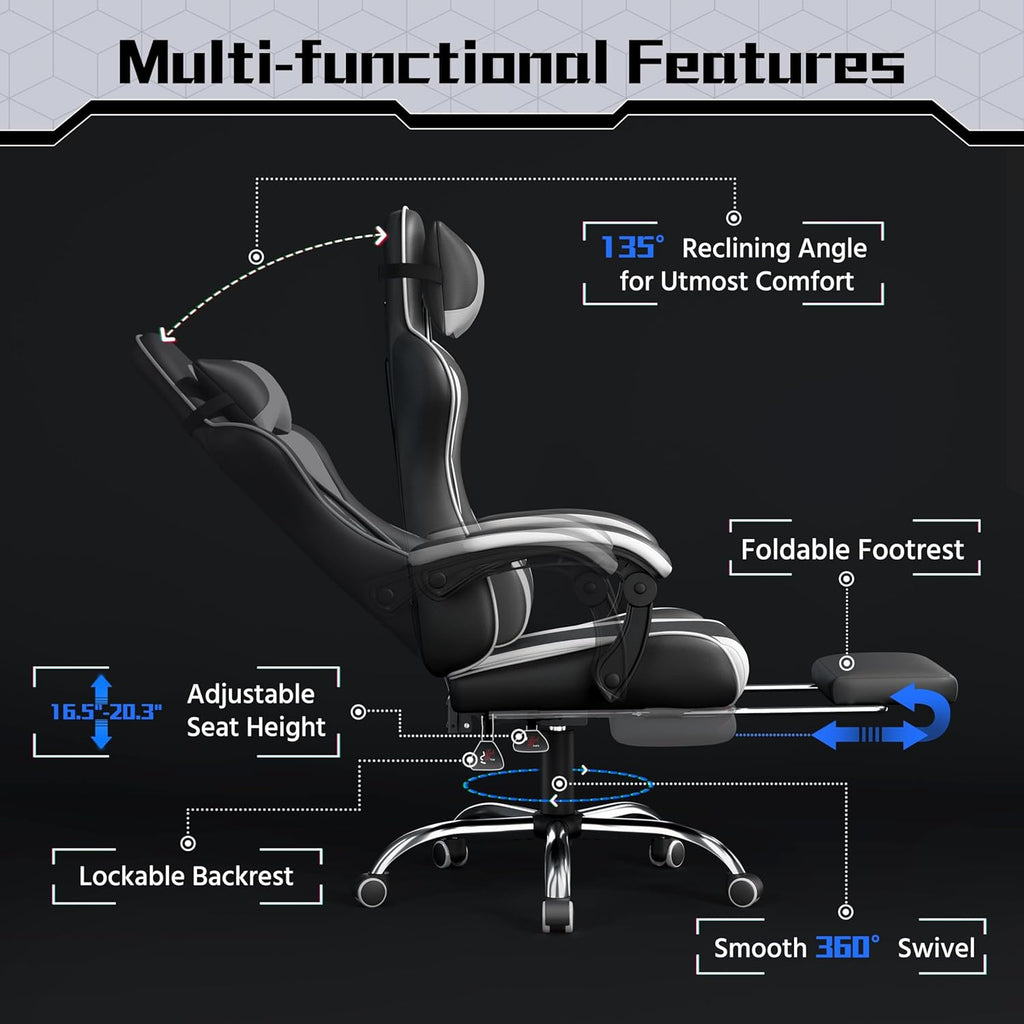 Gaming Chair with Footrest Massage Lumbar Pillow Black and White | Foam-padded PU leather racing seat and plush