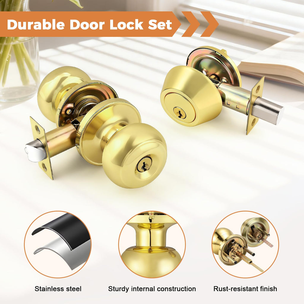 Polished Brass Keyed Entry Door Knob and Single Cylinder Deadbolt Lock Combo Set, Keyed Alike, Set of 4