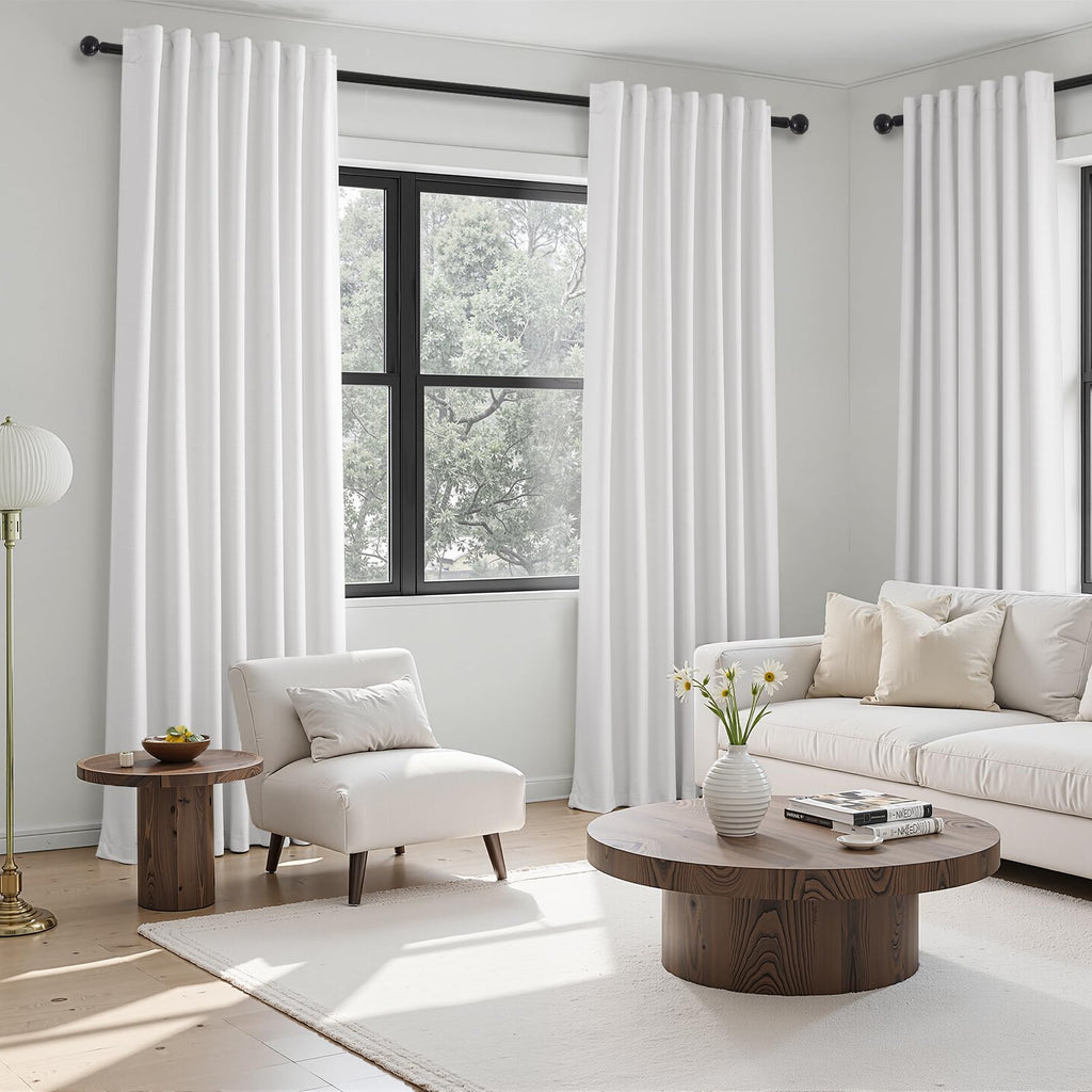 90 inch long 100% Blackout linen curtains 2 Panels set Beige White Window Drapes with Back Tab Rod Pocket Light