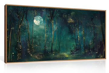 Mystical Dark Green Night Sky Framed Canvas Wall Art Set, Moody Magical Midnight Moon Star Forest Landscape Wall