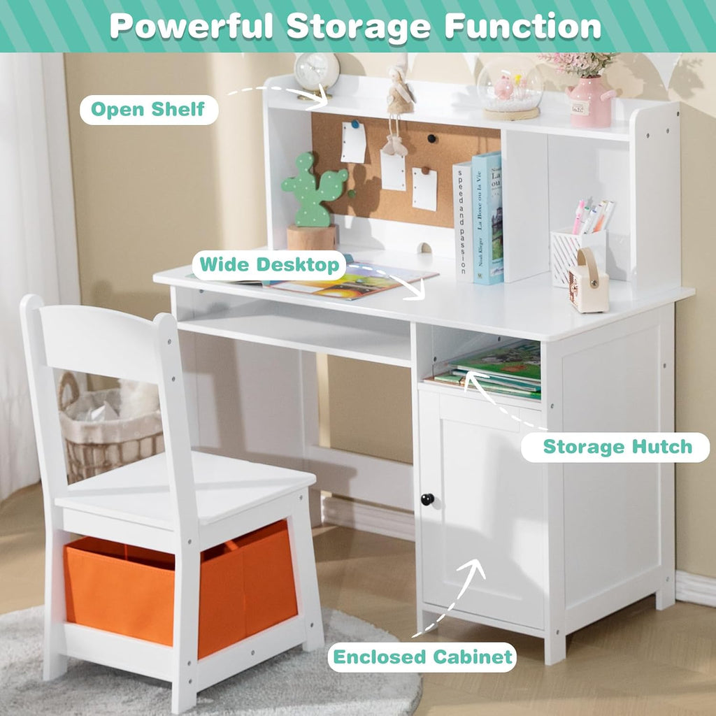Wooden Kid's Study Desk and Chair Set w/Bookshelf, Corkboard & Storage Bin