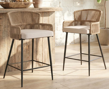 Farmhouse Woven Bar Stools Set of 2, 26 Inch Linen Upholstered Rattan Barstools with Curved Backs, Modern Cane