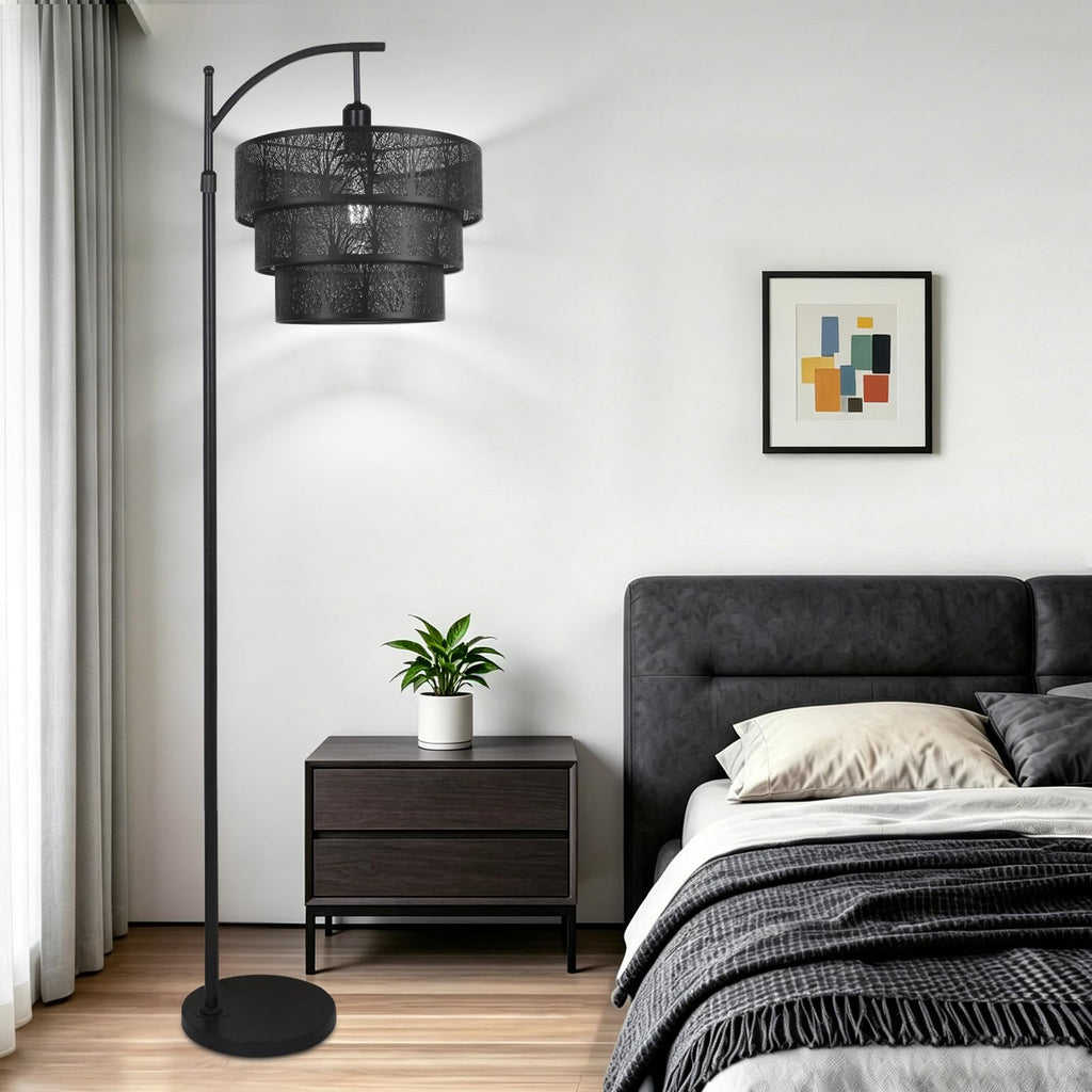 Arc Floor Lamp Bedroom, Mid-Century Modern Floor Lamps with Remote, Black Dimmable Standing Tall Lamp for Corner