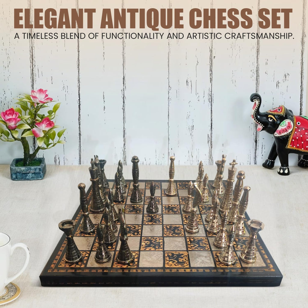 Collectible Metal Brass Chess Set Tribal Warli Art in Leather Storage Box. (12 X 12 in)