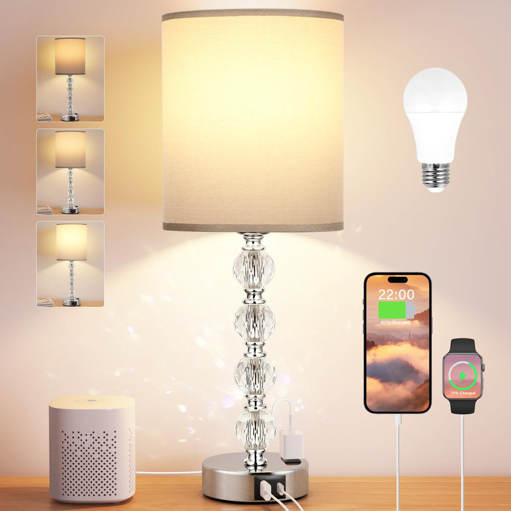 Touch Bedside Crystal Lamps s Nightstand with USB C+A Charging Port and AC Outlet White, 3 Way Dimmable Silver Large