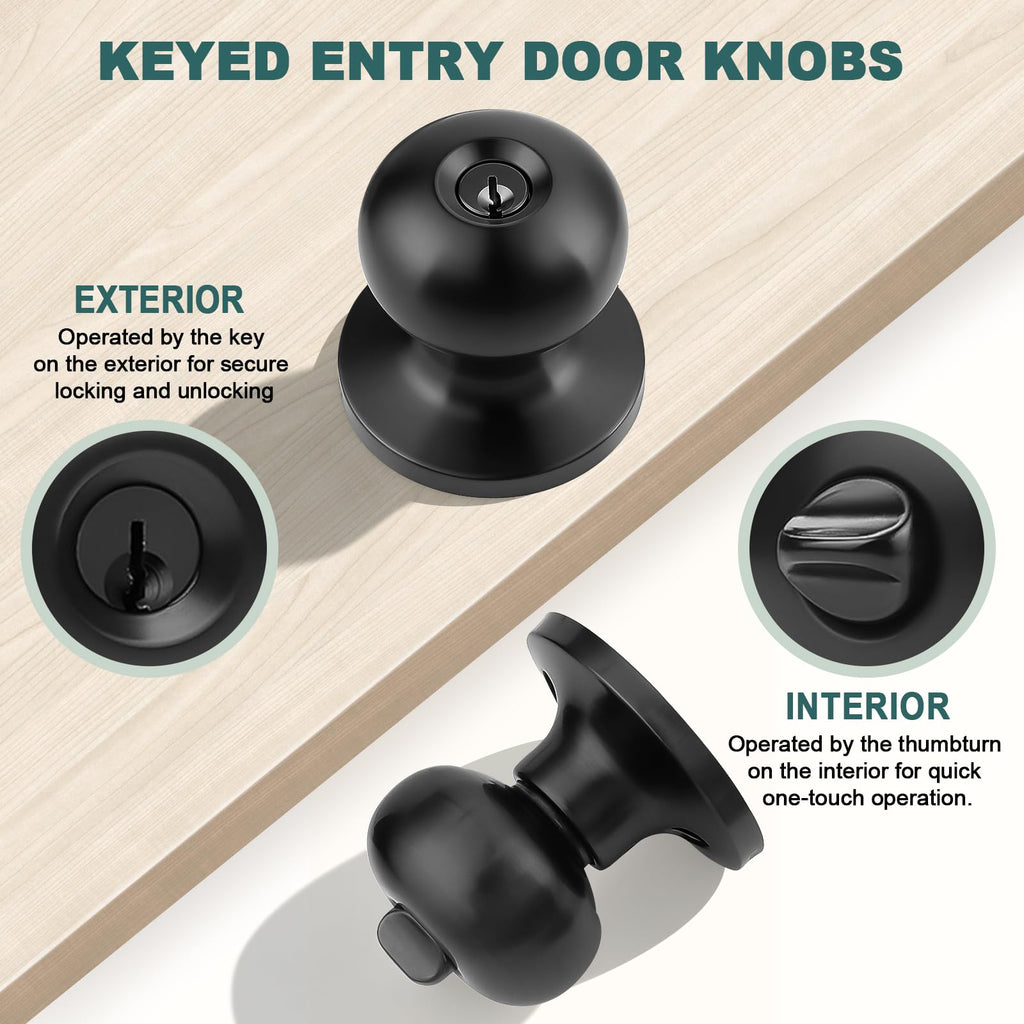 Entry Door Knobs with Lock and Same Keys, Matte Black Keyed Aliked Entry Door Lock Sets for Exterior & Interior