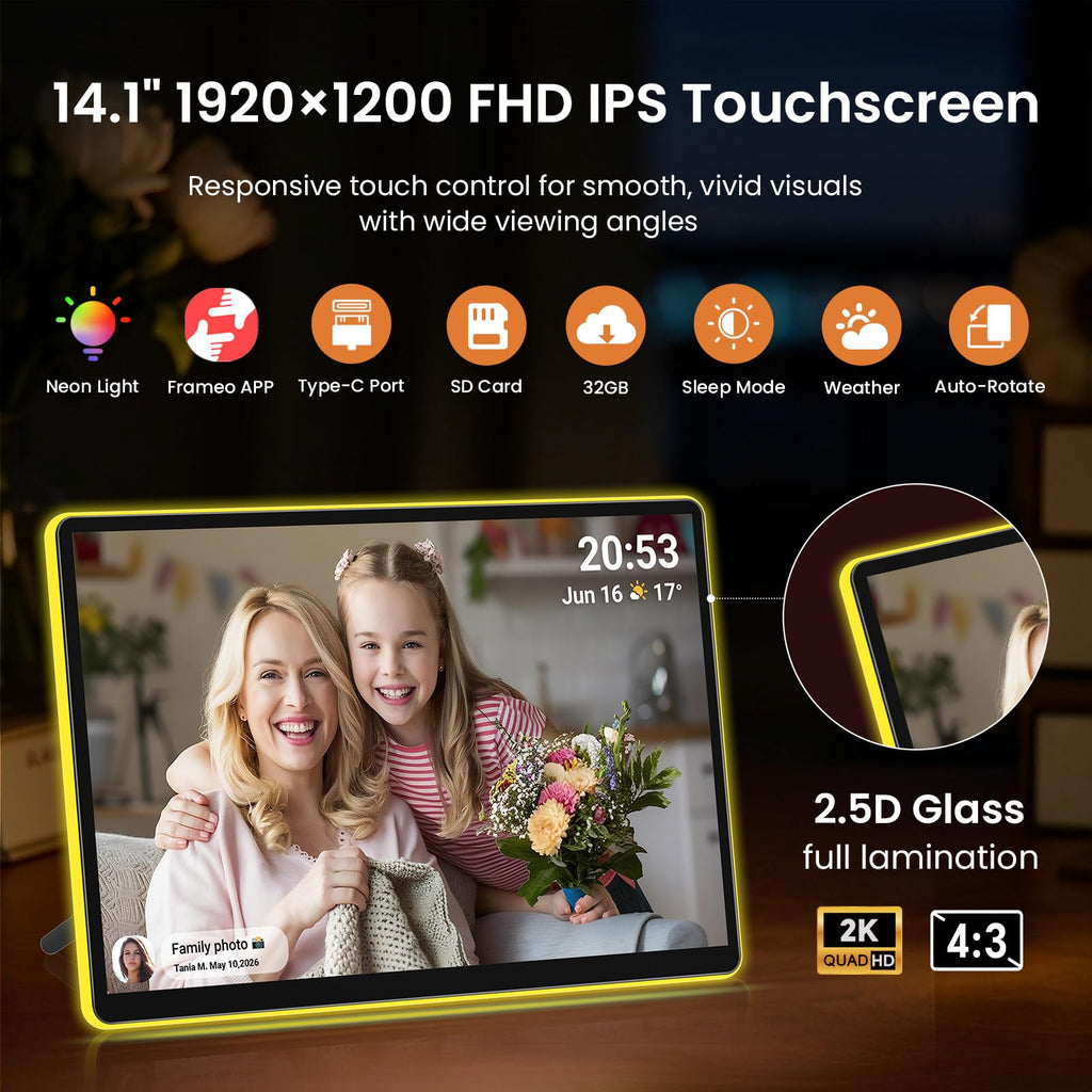 14" Neon Light Digital Picture Frame, Desk Digital Calendar, Auto-synced Schedule via Frameo App - 2K FHD Touchscreen