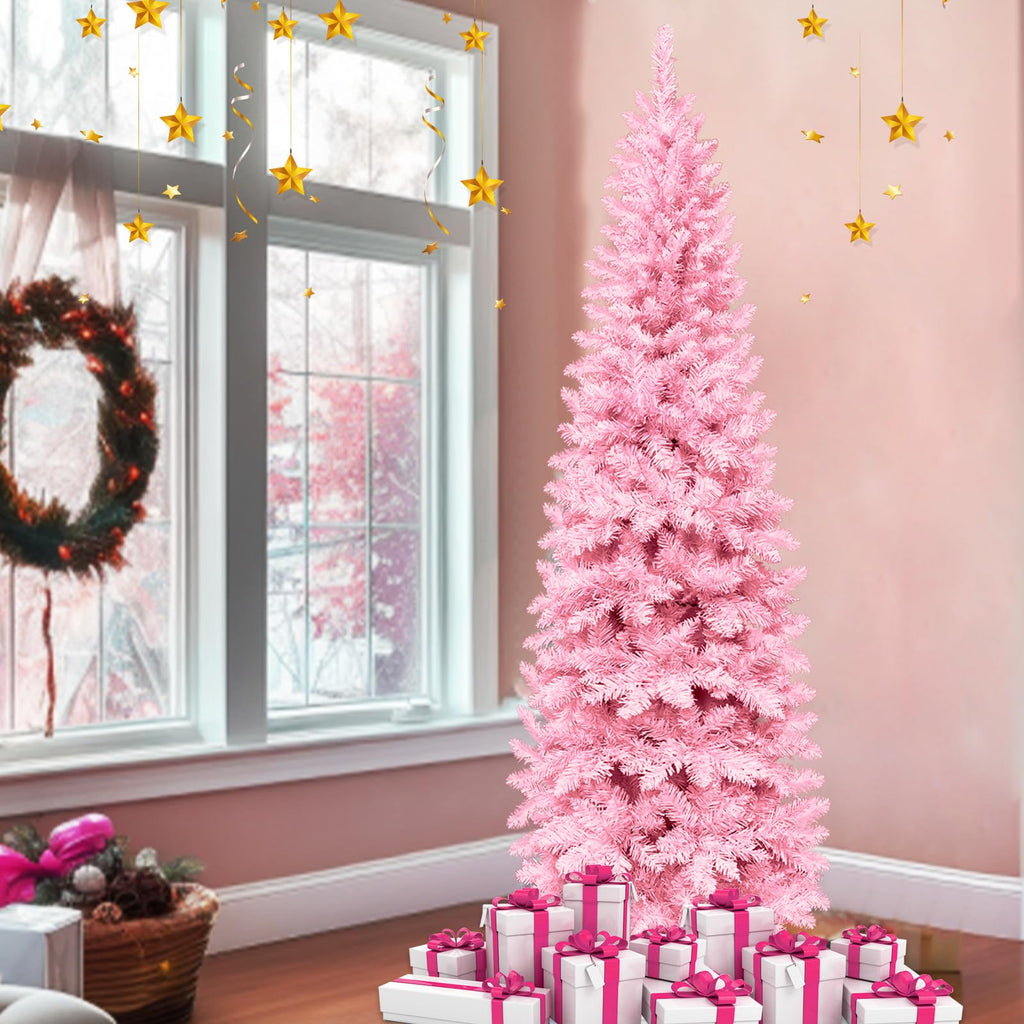 6Ft Prelit Artificial Slim Pink Christmas Tree, 240 LED Warm Lights