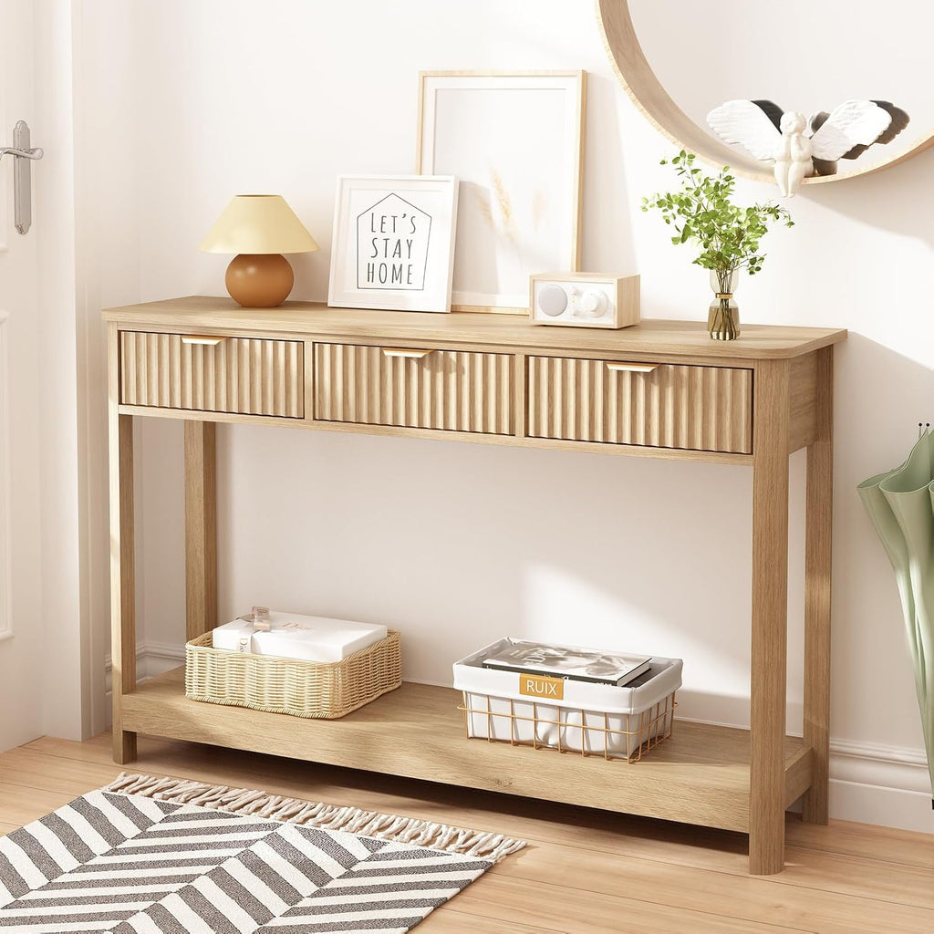 Fluted Console Table with Drawers, Modern 47.1" Entryway Table with Storage Shelf, Boho Narrow Skinny Behind Couch