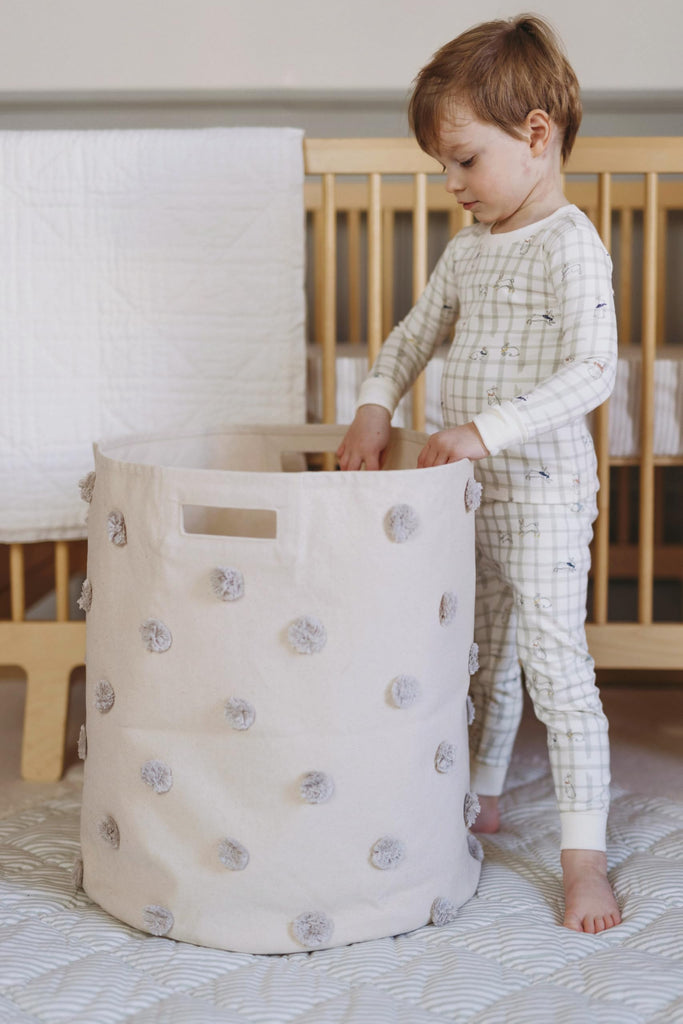 Pom Pom Basket, Hamper, Grey, Cotton Canvas Storage, 18" D x 20" H