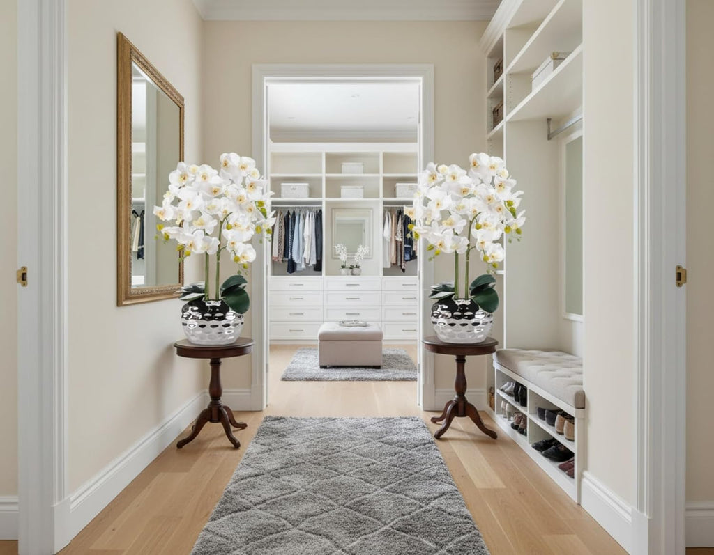 2 Pack Extra Large Orchids Artificial Flowers 24" White Faux Phalaenopsis with Ceramic Pot, Real to Touch Faux Silk