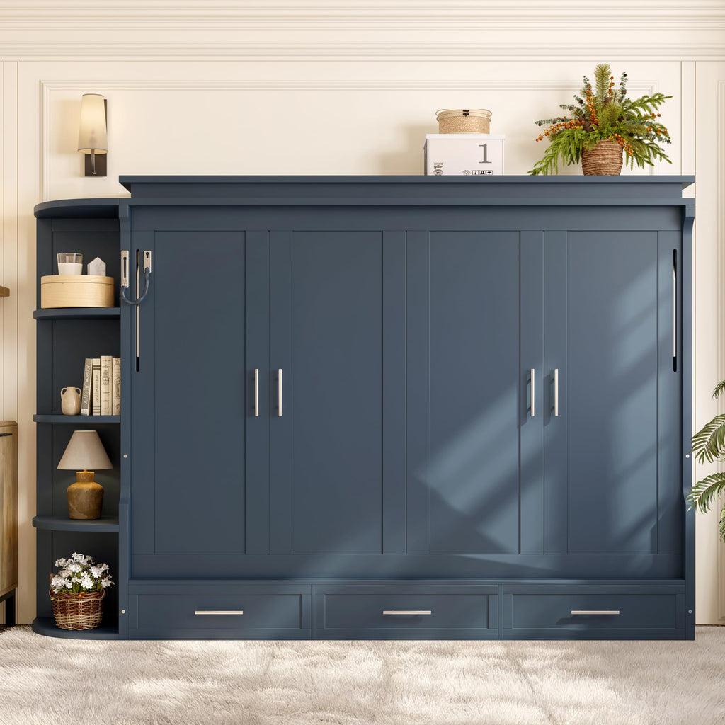 Full Size Horizontal Cabinet Murphy Bed with Side Cabinets, Blue