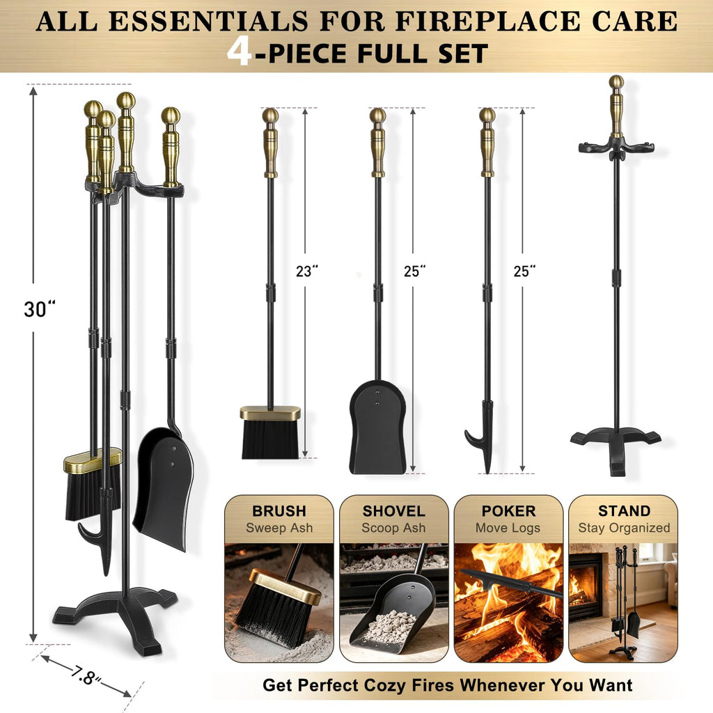 Antique Brass Fireplace Tools Set, 30 Inch Heavy-Duty Wrought Iron
